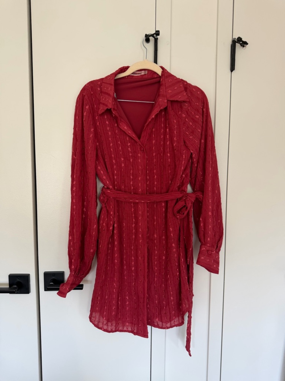 Vici Red Long Sleeve Belted Shirt Dress